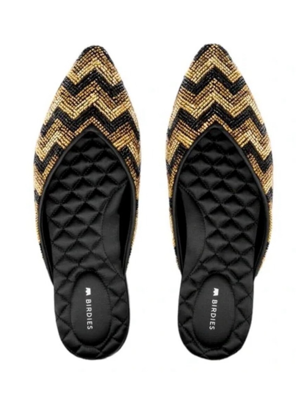 Birdies The Swan Beaded Chevron Satin Mule Gold /Black 6.5